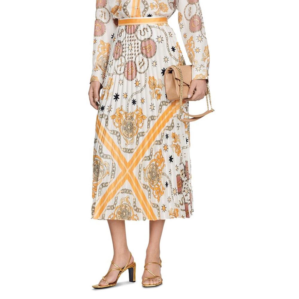 Sandro Pollenca Scarf Print Pleated Midi Skirt Size 40 US 8 New with tags